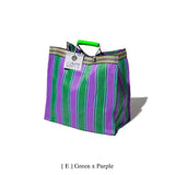 In stock March 2: RECYCLED PLASTIC STRIPE BAG : Green x Purple (Square)
