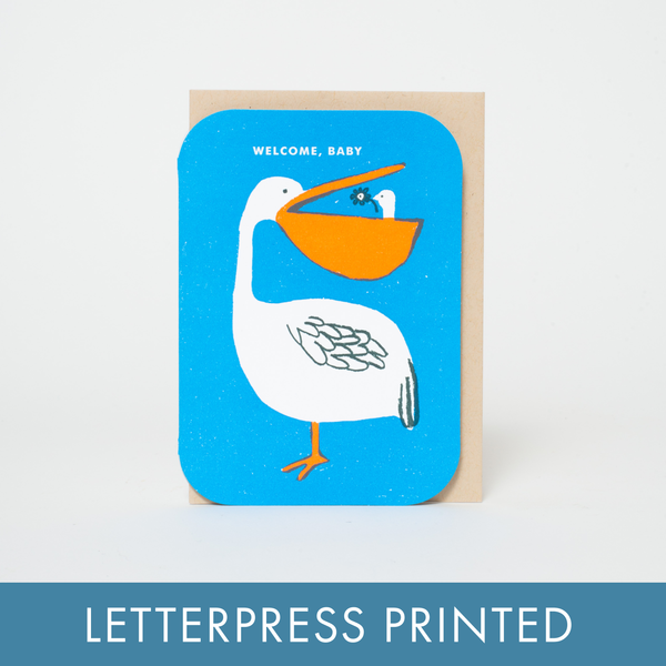 Baby Congrats Pelican Welcome Letterpress Greeting Card by Egg Press: Paper tab