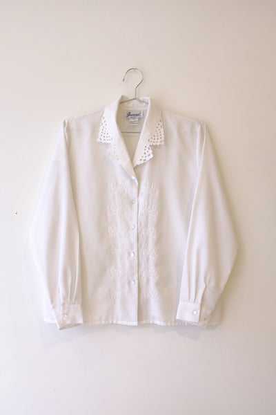 90's White Button Down Blouse with Embroidery Detail