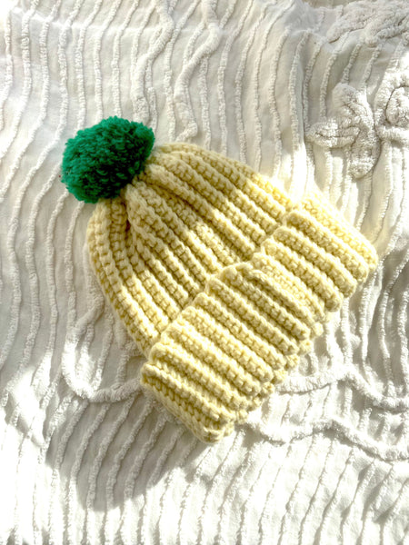 Vintage Knit Cap with Green Pompom