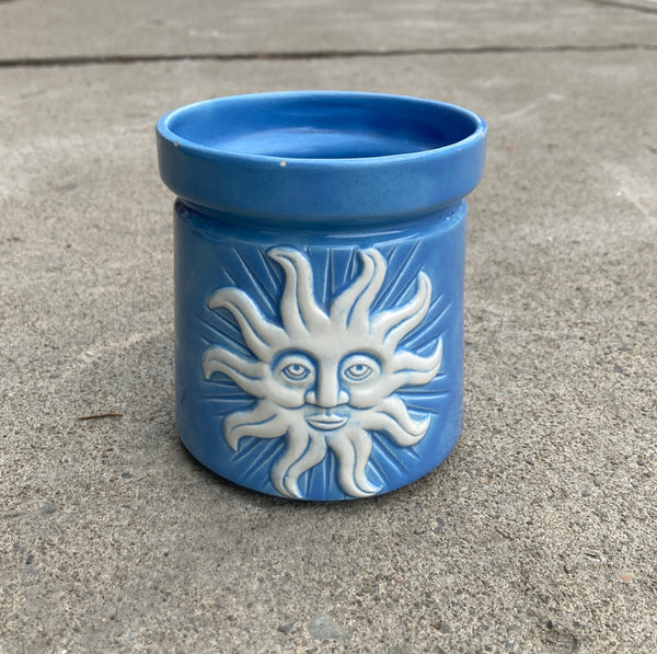 Vintage Blue Ceramic Container with Sun