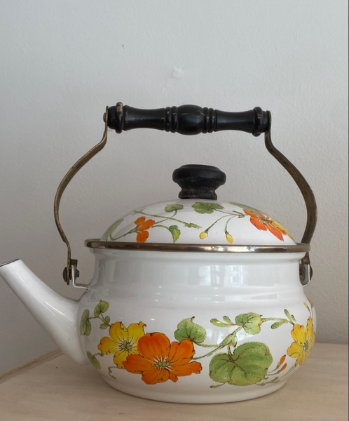 Vintage Enamel Teapot with Floral Motif