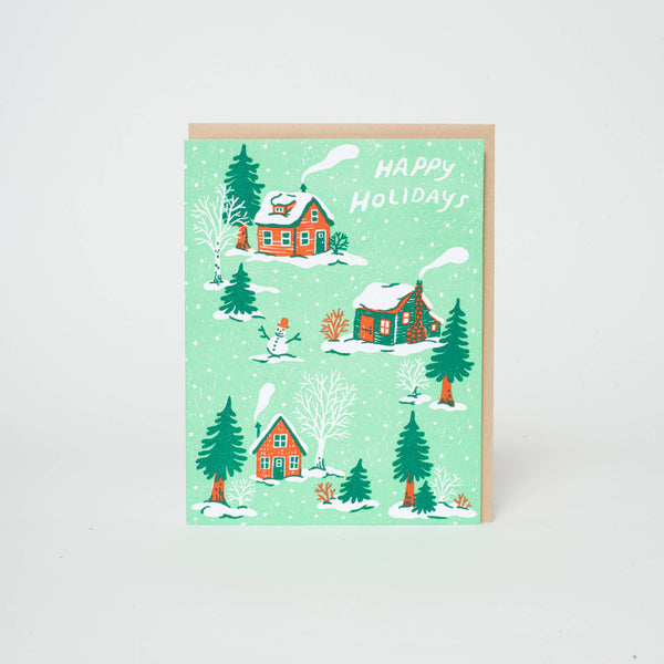 Christmas Cottages Letterpress Greeting Card by Phoebe Wahl