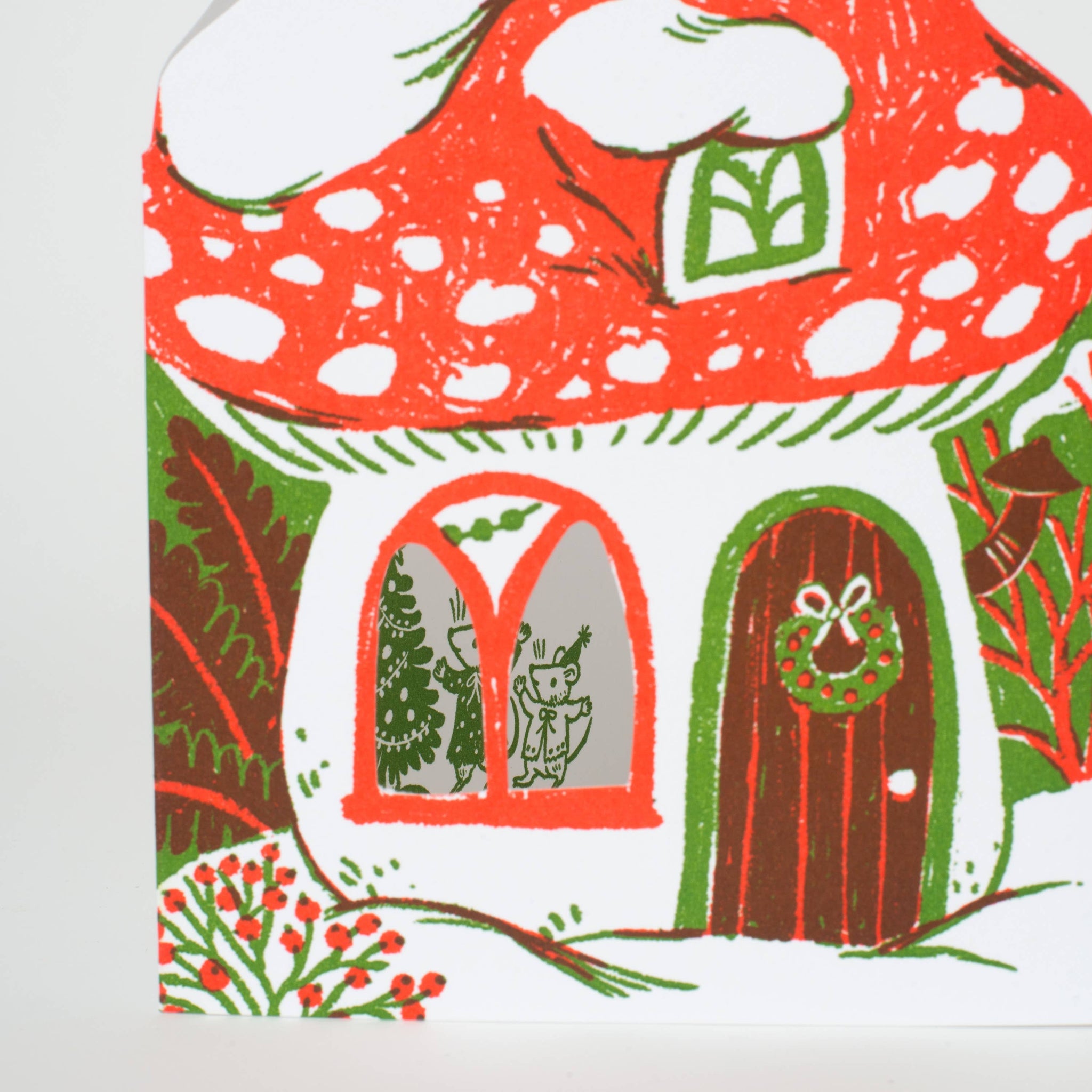 Merry Mushroom House Letterpress Holiday Greeting Card by Phoebe Wahl