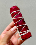 White Sage Smudge Wands with Red Rose Petals