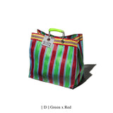 In stock March 2:  RECYCLED PLASTIC STRIPE BAG : Green x Red (Square)